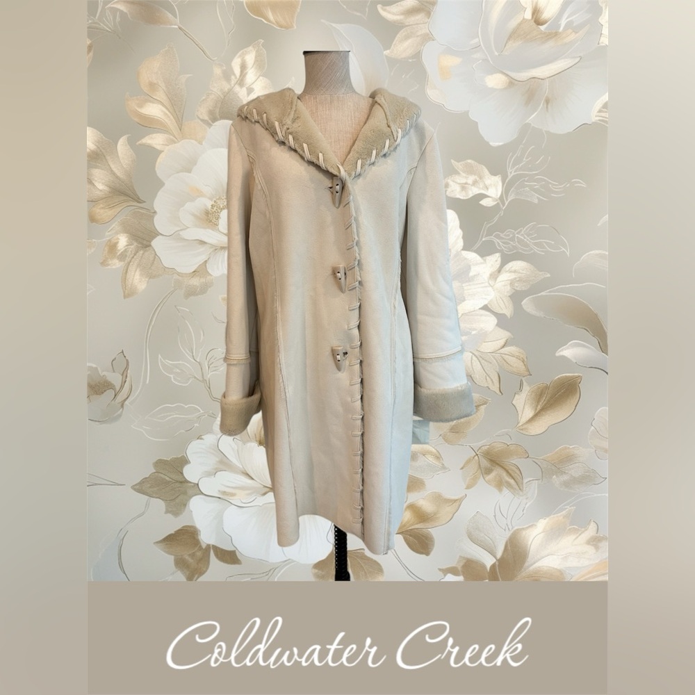 Coldwater Creek Women's Cream Suede & Faux Fur Coat - Size Large - NWT